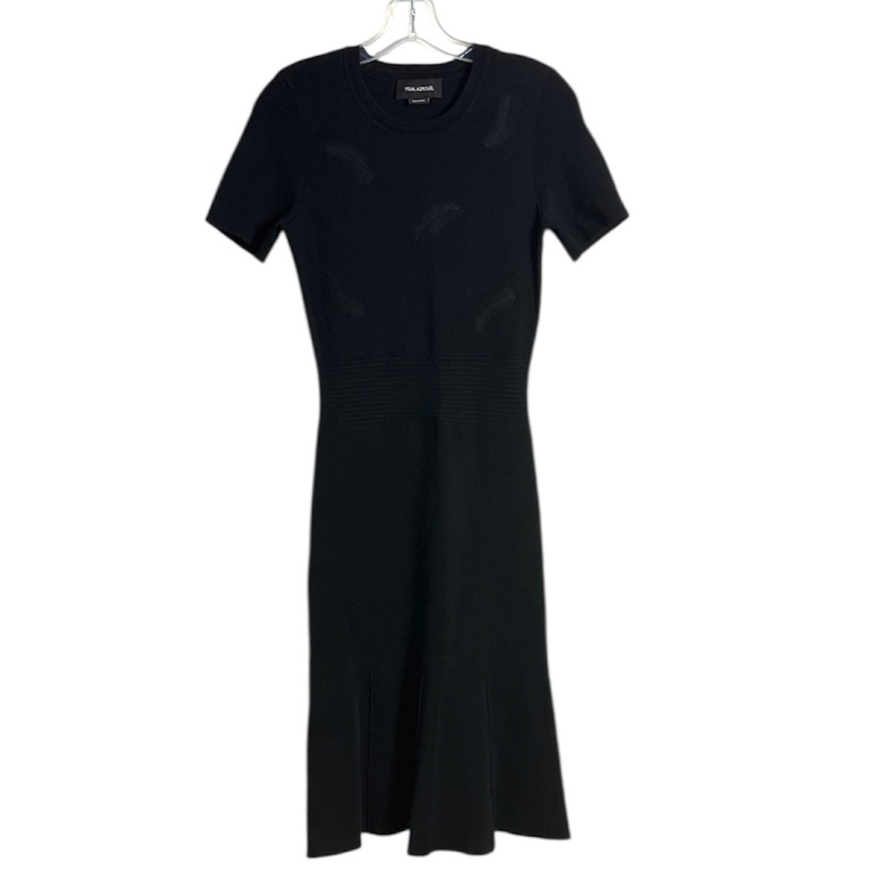 Yigal Azeouel Short Sleeve Knit Midi Dress Black Feather Detail Size Small